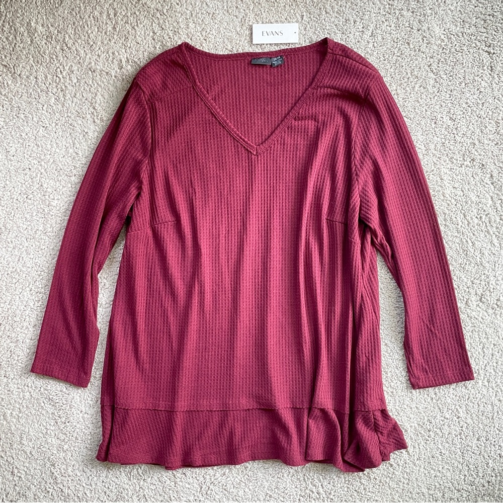Evans Maroon Ruffle Hem Burgundy Long Sleeve Waffle Knit Top Size 26/28 ( 4X )
